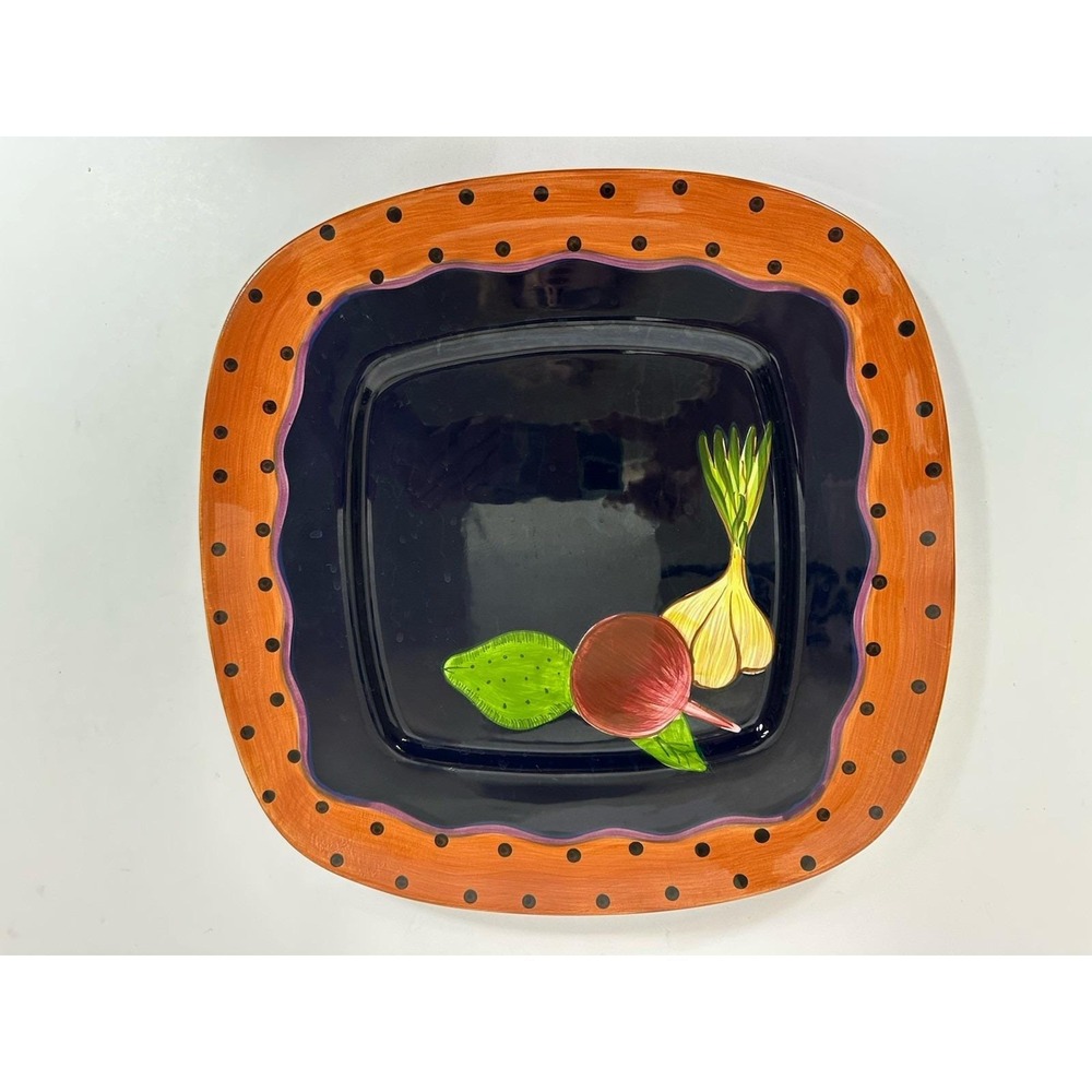 Laurie Gates Square Dinner Plate 11 3/8" Veg Dot Onion Beet Navy Blue Orange
